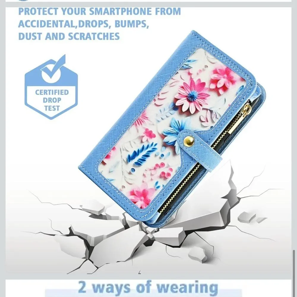 iPhone 16 6.1” Case Wallet Case Floral Wristlet Blue Card Holder Phone FC7